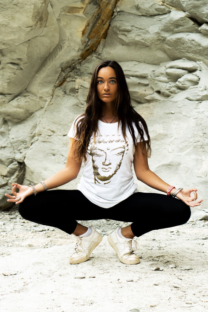 Women’s organic, sustainable, spiritual graphic tshirts with Buddha  from One Om Yoga