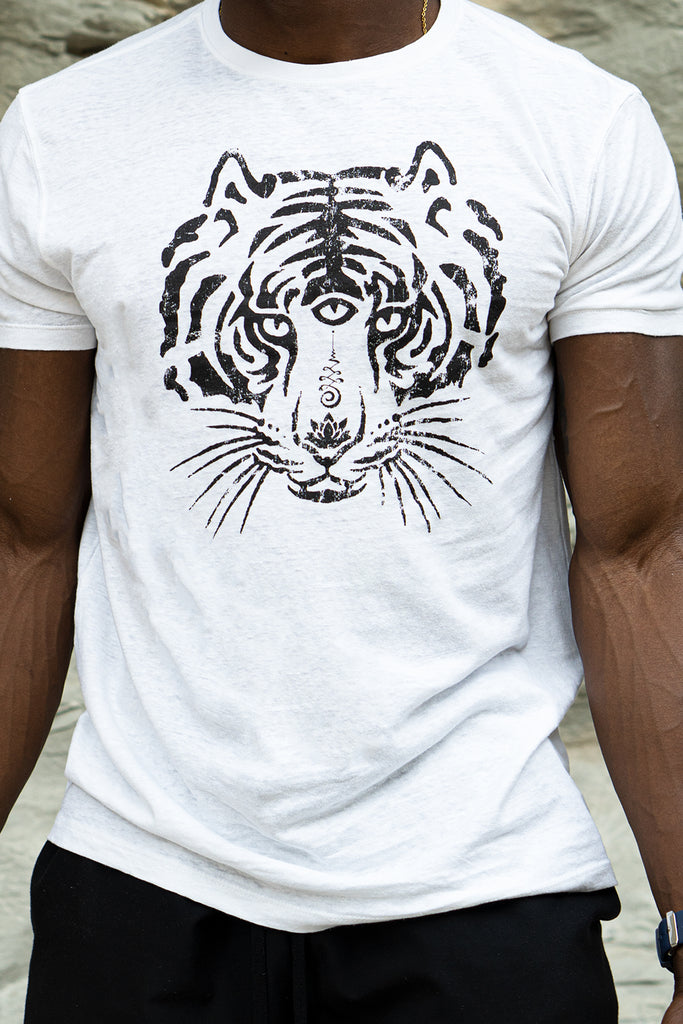 Men’s organic, sustainable, spiritual graphic tshirts with 3rd eye tiger from One Om