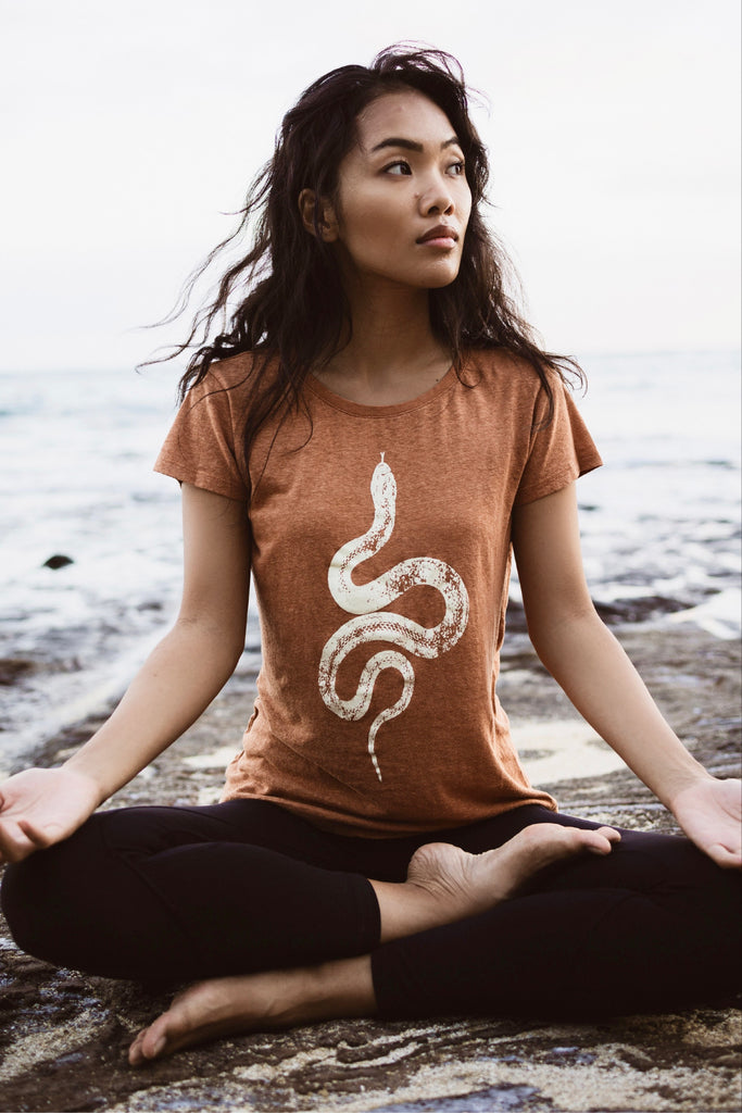 Women’s organic, sustainable, spiritual graphic tshirts with Kundalini snake from One Om Yoga