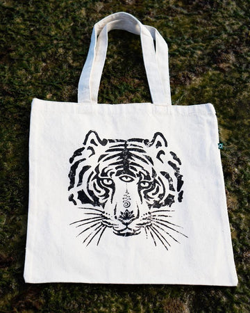 organic, sustainable, spiritual recycled tote with 3rd eye tiger from One Om